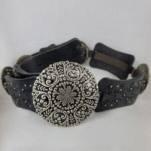 Fossil Womens Vintage Black Leather Medallion Studded Belt Medium Silver Buckle